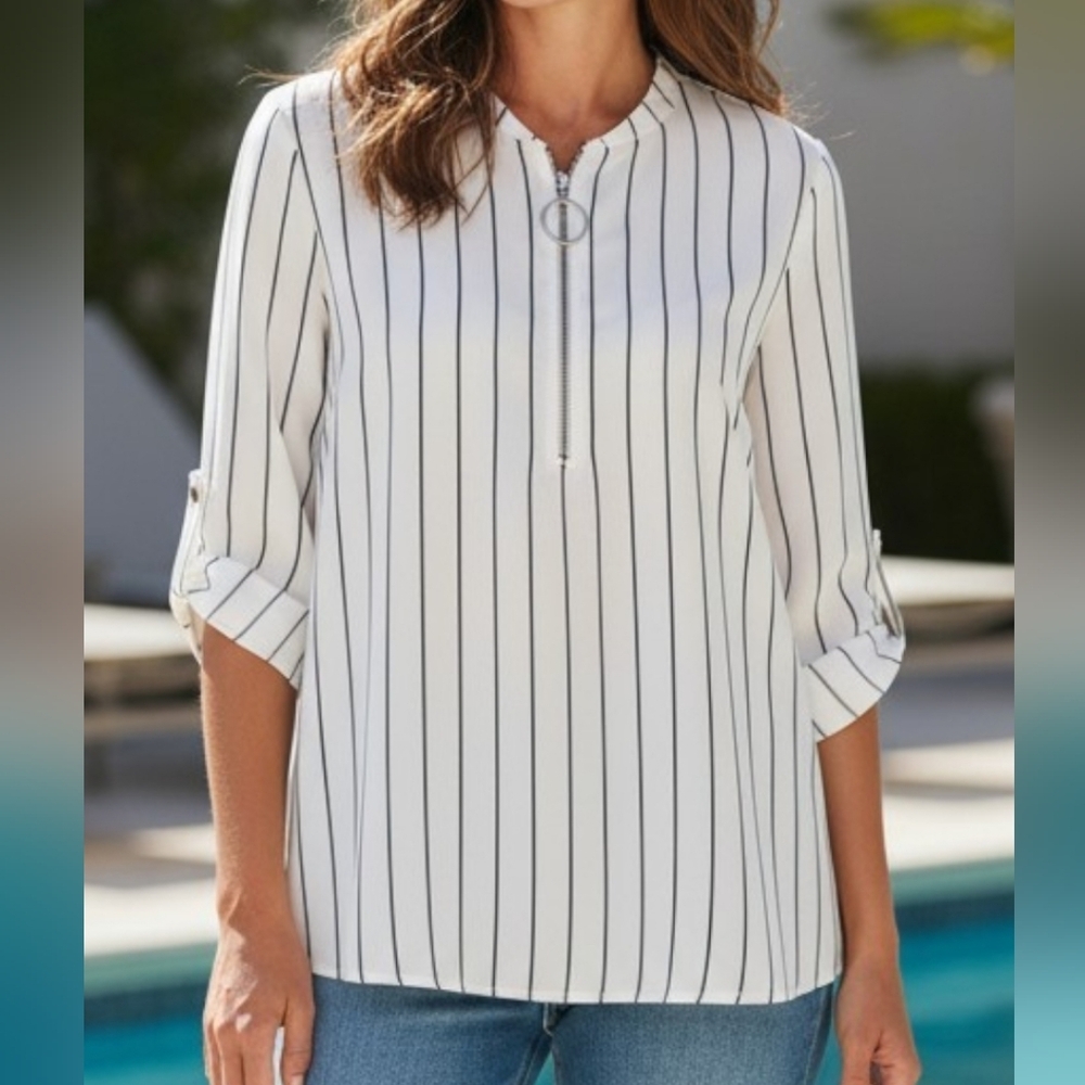 Crescent & Willough -White Blouse,Black Pinstripes 1/2 Zipperd Front, Roll Tab S